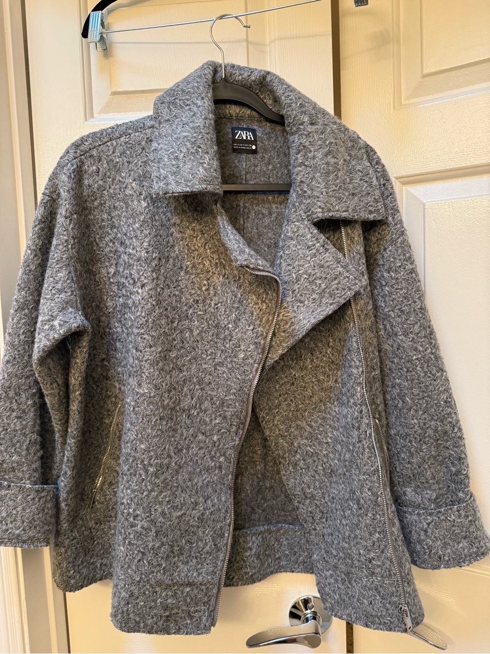 Zara Gray Bouclé Asymmetric Zip Jacket